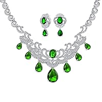 Art Deco Vintage Estate Design Bridal Jewelry Set Large Teardrop Pear Shape Clear Simulated Gemstone AAA CZ V Collar Statement Bib Necklace Chandelier Earrings. Silver Plated For Women