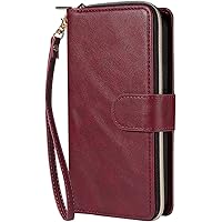 Case for iPhone 14/14 Plus/14 Pro/14 Pro Max, Premium Leather Zipper Wallet Case with 9 Card Slots Wrist Strap Magnetic Clasp Durable Flip Cover (Color : Red, Size : 14)