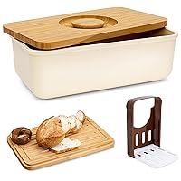 Bread Box With Bamboo Wood Cutting Board Lid & Bread Slicer Holder, Rectangular Cream Color Bread Container For Kitchen Countertop, 14.8 x 8.4 x 5.3in, Bread Storage Container