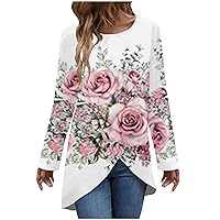 Western Shirts for Women,Women's Fashion Casua Floral/Leaves Printed Long Sleeve Round Neck Cross Hem T-Shirt Top
