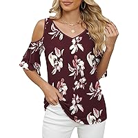LOMON Womens Tops Summer 2024 Cold Shoulder Short Sleeve Tunic Shirt Casual V Neck Mesh Double Layers Blouses
