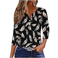 3/4 Length Sleeve Womens Tops Floral Print Three Quarter Sleeve Button Tshirts Trendy V Neck Tunic Shirt Casual Loose Fit Tee