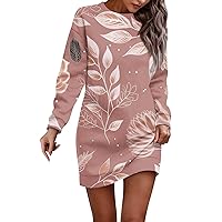 Women's Crewneck Long Sleeve Tie Waist A-Line Swing Bodycon Short Dress Casual Solid Ribbed Knit Sweater Dress,S-3XL