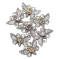 NOVICA Handmade .925 Sterling Silver Multigemstone Brooch Pin Cast 925 Butterfly Indonesia Animal Themed Birthstone [2.5 in L x 1.9 in W x 0.2 in D] 'Butterfly Swarm'