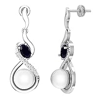 Dazzlingrock Collection 6X4mm Oval Gemstone & 8mm Round Cultured Freshwater Pearl with 0.17 ctw White Diamond Screwback Dangle Earrings in 925 Sterling Silver