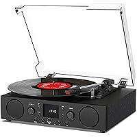 Vinyl Record Player Bluetooth with Speakers USB Recording FM Radio Mute Sound, 3 Speed Record Player with RCA Line-Out & AUX-in, Vintage Turntable Black