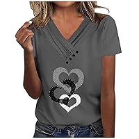 Ladies Tops Fashion Summer Blouses Heart Printing V Neck Shirts Cute Top Casual Comfy T-Shirt for Mother's Day