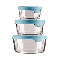 Anchor Hocking TrueSeal Round Glass Food Storage Containers with Airtight Lids, Mineral Blue, 6 Piece Set (3 Containers with Lids)