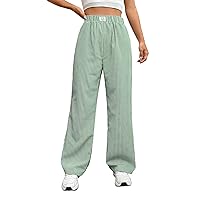 OYOANGLE Women's Straight Wide Leg Trousers Striped Print Letter Patched Detail High Waist Y2K Fashion Pants