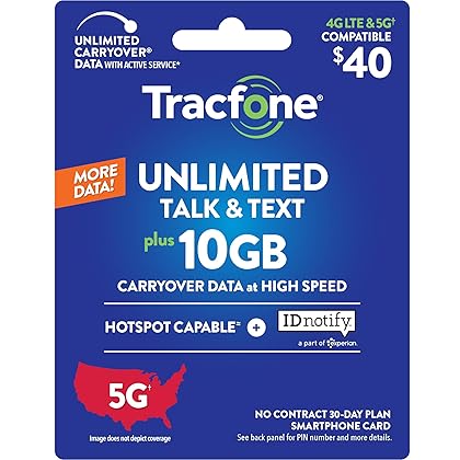 TracFone $40 Plan - Unlimited Talk & Text, 10 GB Data / 30–Day Plan (Physical Delivery)