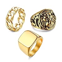 HANPABUM 3Pcs 14K Gold Plated Rings for Men Women Chunky Cuban Link Ring, Size 7-15