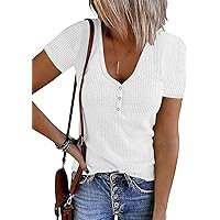 MEROKEETY Women's Short Sleeve V Neck Ribbed Knit Button T Shirts Henley Solid Color Summer Tops