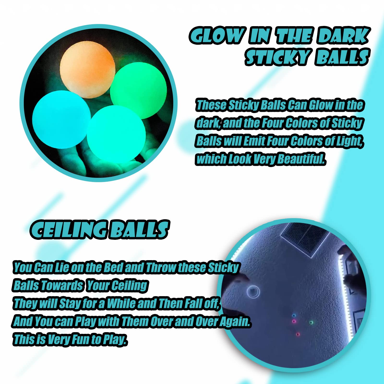 Glow in the Dark Sticky Balls that Stick to the Ceiling,Stress Balls for Kids and Adults,Glow Sticky Ceiling Balls,Squishy Toys for Kids,Fidget Toys,Party Favors, Anxiety Relief Items,ASMR Stuff(4Pcs)