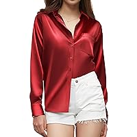 Women's Button Down Shirts Satin Long Sleeve Casual Business Silk Tops with Pocket