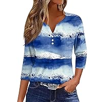 Womens 3/4 Sleeve Tops and Blouses Henley V Neck Button Up Shirts Trendy Tie Dye Shirts Casual Loose Fit Tee Tops