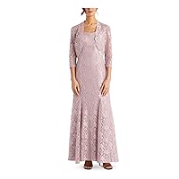 R&M Richards Womens Pink Stretch Lace Glitter with Open Front Shrug Floral Sleeveless Square Neck Full-Length Formal Gown Dress Petites 8P