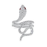 Bling Jewelry Spiral Wrap Serpent Snake Fashion Statement Ring For Women Red Eye Cubic Zirconia Pave CZ Silver Plated Brass