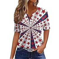 4Th of July Tops for Women 2024 Patriotic Star Striped USA Flag Printed Button Down V Neck Short Sleeve Tee