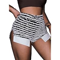 DINGANG Women's Lounge Shorts Zebra Black and White Striped Elastic Waist Fleece Y2K Shorts