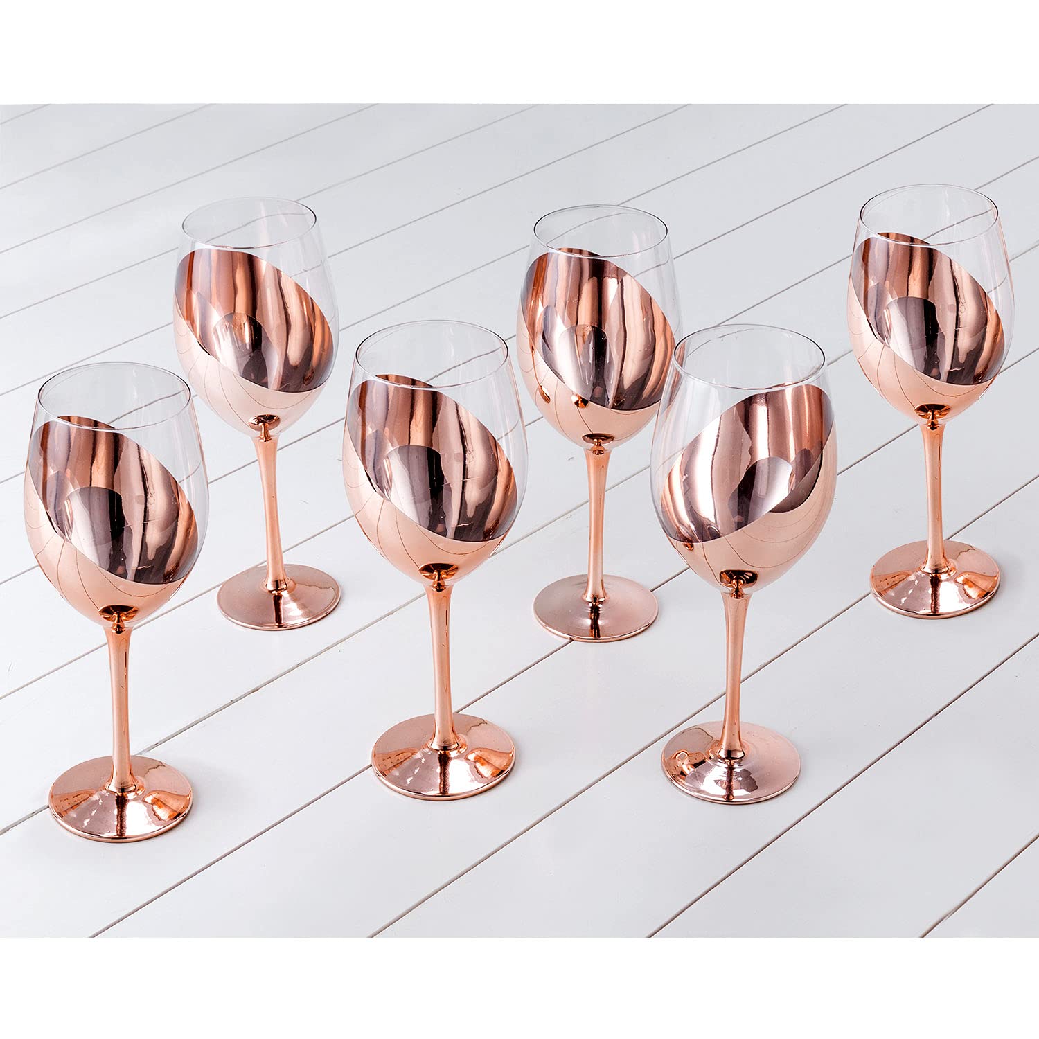 MyGift 14 oz Elegant Copper-Toned Stemmed Wine Glasses with Tilted Design, Dinner Party and Wedding Events Glassware - Set of 6