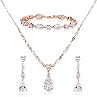 SWEETV Bridal Jewelry Set for Wedding, Cubic Zirconia Necklace Dangle Drop Earrings Bracelet Set, Teardrop Marquise Brides Bridesmaids Wedding Prom Anniversary Jewelry Gifts for Women