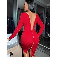 Dresses for Women - Solid Zipper Back Bodycon Dress (Color : Red, Size : Medium)