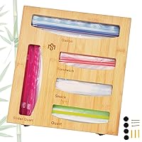Bamboo Ziplock Bag Storage Box Baggie Organizer for Drawer or Wall Mount, Compatible with Gallon, Quart, Sandwich, Snack Size Bags, 1 Box 5 Slots,Bamboo Drawer Organizer, Ziploc Bag Organizer