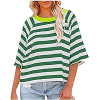 Summer Shirts for Women Knit Tops Comfy Striped Tees 3/4 Sleeve Crop Tops Fashion Going Out Tops Loose Tee Shirts