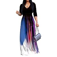 vunahzma Maxi Dress for Women Casual Sundress V-Neck 3/4 Sleeve Plus Size
