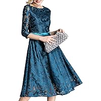 Women Dresses Fall Vintage Floral Lace A Line Midi Dress Tea Swing Dridesmaid Evening Cocktail Party Formal Dress