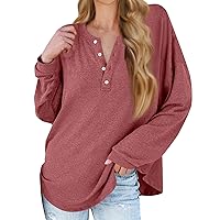Women Long Sleeve V Neck Button Up Solid Tops Blouses Trendy Ribbed Shirts Tunic Pullover Plain T Shirts for Women
