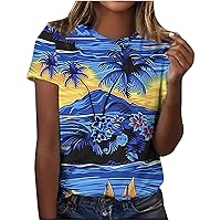 Hawaiian Shirts for Women Palm Trees Graphic Tees Summer Beach Vacation Tops Lightweight Short Sleeve Casual Tshirt