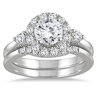 AGS Certified 1 1/2 Carat TW Halo Diamond Halo Bridal Set in 14K White Gold (H-I Color, I1-I2 Clarity)