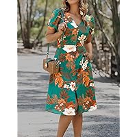2023 Women's Dresses Floral Print Puff Sleeve Dress Women's Dresses (Color : Green, Size : Small)