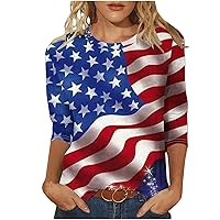 Women American Flag Print Pullover Summer 3/4 Sleeve Crewneck Patriotic Shirts 4Th of July Independence Day Tee Tops