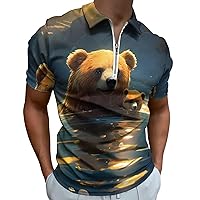 Bear in Water Mens Polo Shirts Quick Dry Short Sleeve Zippered Workout T Shirt Tee Top