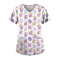 Easter Bunny Egg Printed Tshirt Ladies Tops Short Sleeve Shirt Loose Blouse V-Neck Daily Tunic Dressy Tee