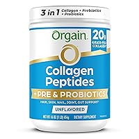 Orgain Hydrolyzed Collagen Peptides + Prebiotic & Probiotics Powder for Women & Men, 20g Grass Fed Collagen, 1 Billion CFU - Supports Digestive, Hair, Skin & Joint Health, Non-GMO, Type I & III, 1lb