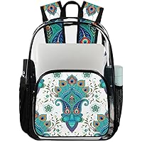 Paisley Blue Pattern Clear Backpack Heavy Duty Transparent Bookbag for Women Men See Through PVC Backpack for Security, Work, Sports, Stadium