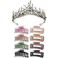 TOCESS 8 Pack Big Hair Claw Clips and Black Crown Tiara for Women Large Claw Clip for Thin Thick Curly Hair 90's Strong Hold 4.33 Inch Nonslip Matte Jumbo Hair Clips (9 Pcs)