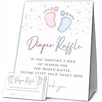 JCVUK Baby Shower Games, 1 Diaper Raffle Standing Sign with 50 Diaper Raffle Tickets, Baby Footprints Theme Gender Reveal Party Decorations and Supplies For Boys or Girls(LBLK-A03)