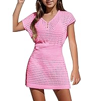 Girls Summer Crochet Swim Beach Cover Up Button Elastic Waist Beach Dress 5-14 Years