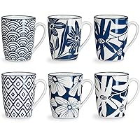 ONEMORE Ceramic Coffee Mugs Set of 6, 12oz - Microwavable Coffee Cups for Tea, Latte - Japanese Style, Scratch Resistant - Vintage Blue