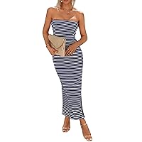Pretty Garden Womens Summer Bodycon Maxi Tube Dress Ribbed Strapless Side Slit Long Going Out Casual Elegant Party Dresses