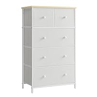 SONGMICS Drawer Dresser, Storage Dresser Tower with 5 Fabric Drawers, Dresser Unit, Hallway, White and Oak ULTS514W57