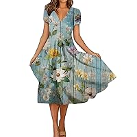 Women's Boho Dress Summer Casual,Short Sleeve Swing Sundress Floral Print T-Shirt Dress, S-3XL