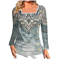 Fall Sweaters for Women 2023 Button Design Long Sleeve Tops Printing Pleated Pullover Lace Square Collar Shirt