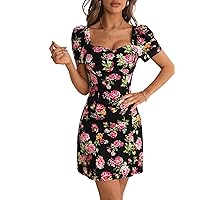 Summer Dresses for Women 2024 Floral Print Sweetheart Neck Puff Sleeve A Line Short Dress