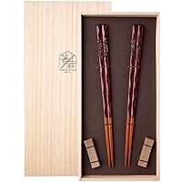 Hashikura Matsukan S-86168 Chopsticks for Husband and Wife Chopsticks Natural Wood Pair Set, 8.9 inches (22.5 cm), Unisex, Includes Chopsticks Rest, Crane Turtle Carving, Painted Minute Red Bean