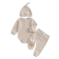 Newborn Baby Boy Girl Clothes Ribbed Solid Long Sleeve Rompers Bodysuit Pants Set Infant Spring Fall Outfit